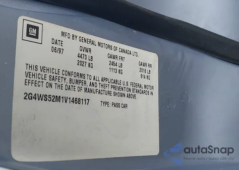 1997 Buick Century Custom z USA, uszkodzony, nr VIN 2G4WS52M1V1468117